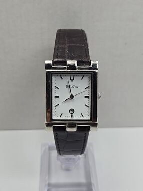 Bulova Classic Tank Rectangular Date White Dial Leather Quartz Watch New Battery